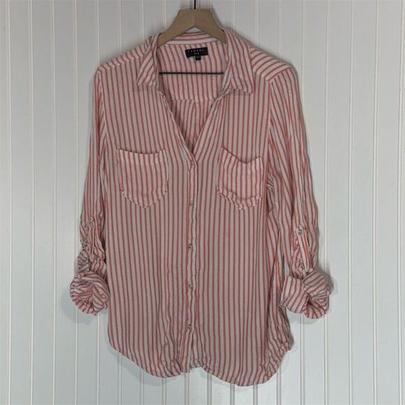 Tinsel Striped Button Down Shirt Women’s Large Pink White Roll Tab Casual Top - Picture 1 of 4